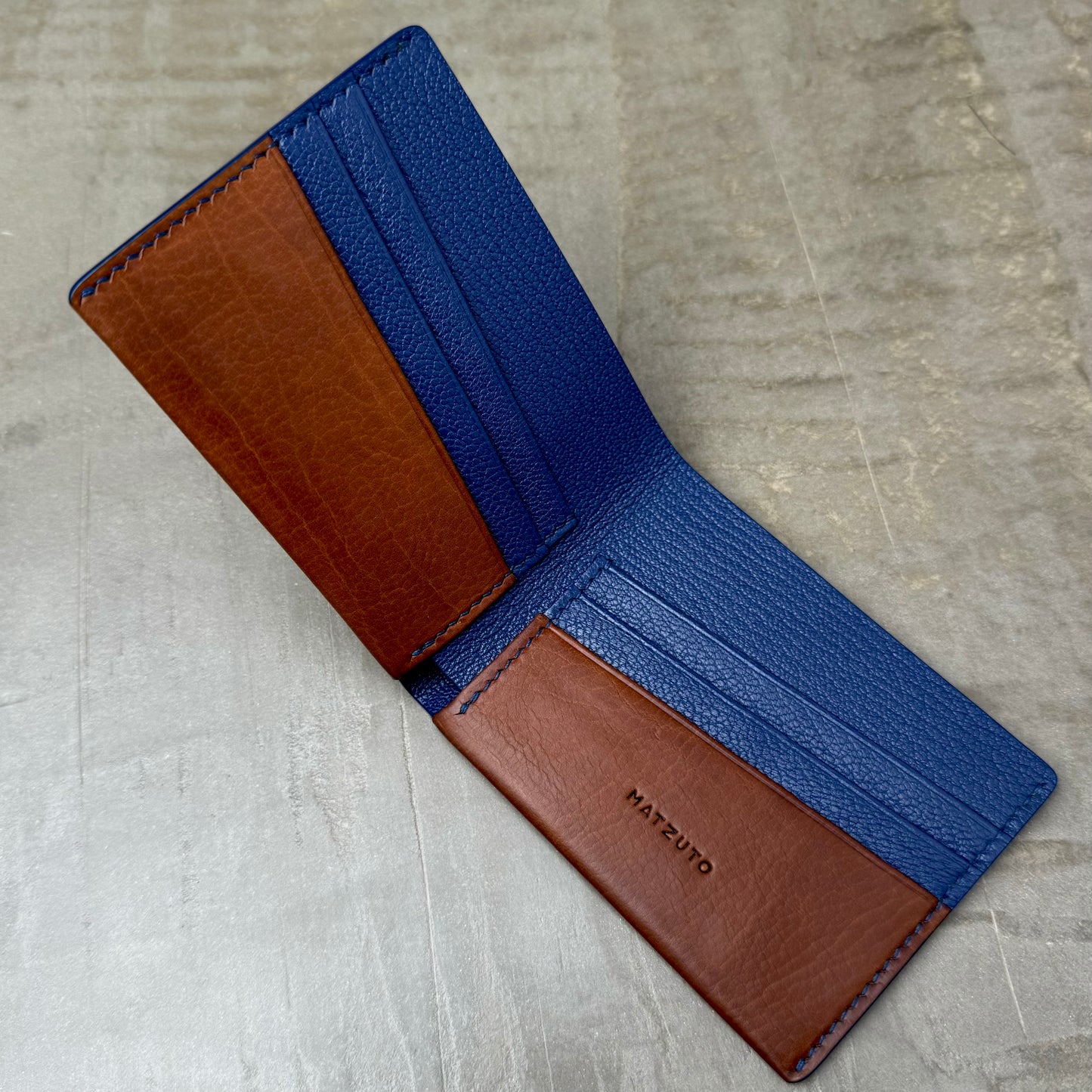 Saddle Brown Calfskin and Navy Chèvre Bifold