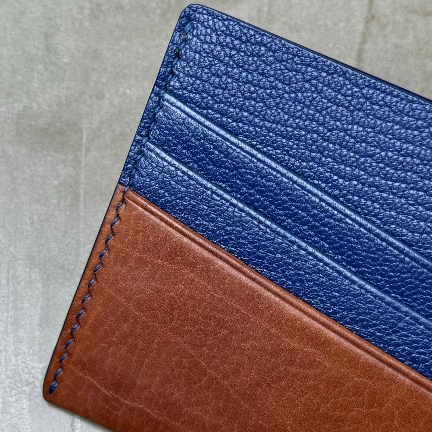 Saddle Brown Calfskin and Navy Chèvre Bifold