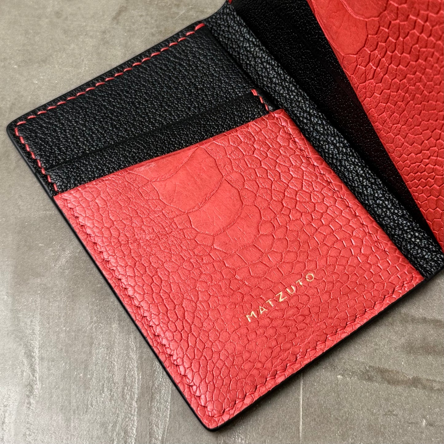Red Ostrich Leg with Black Chèvre Pocket Organizer