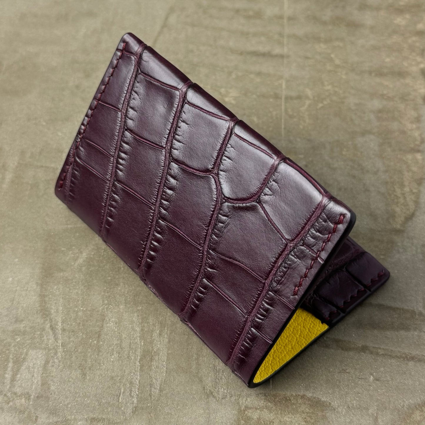 Aubergine Alligator with Yellow Chèvre Card Holder