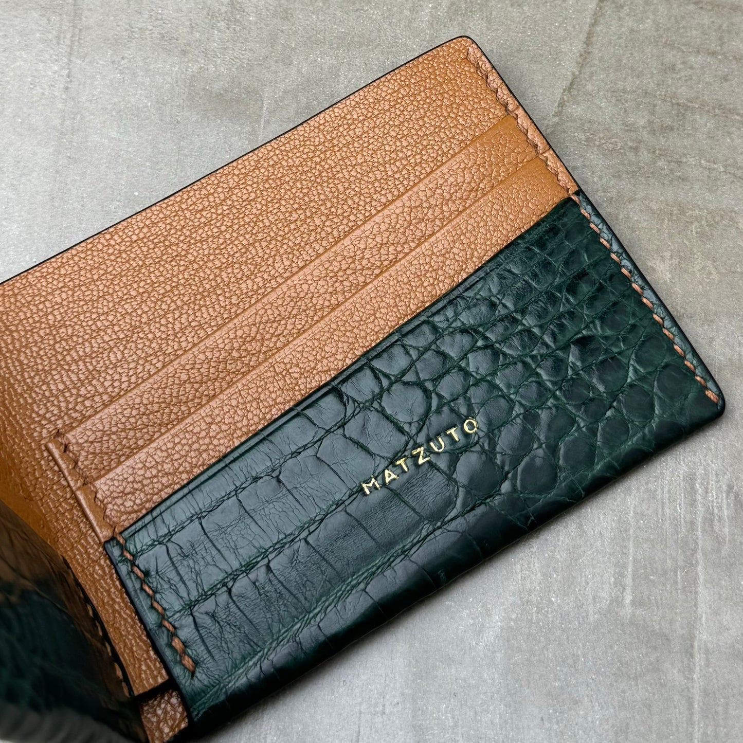 Green Caiman Golden Brown Chèvre Bifold