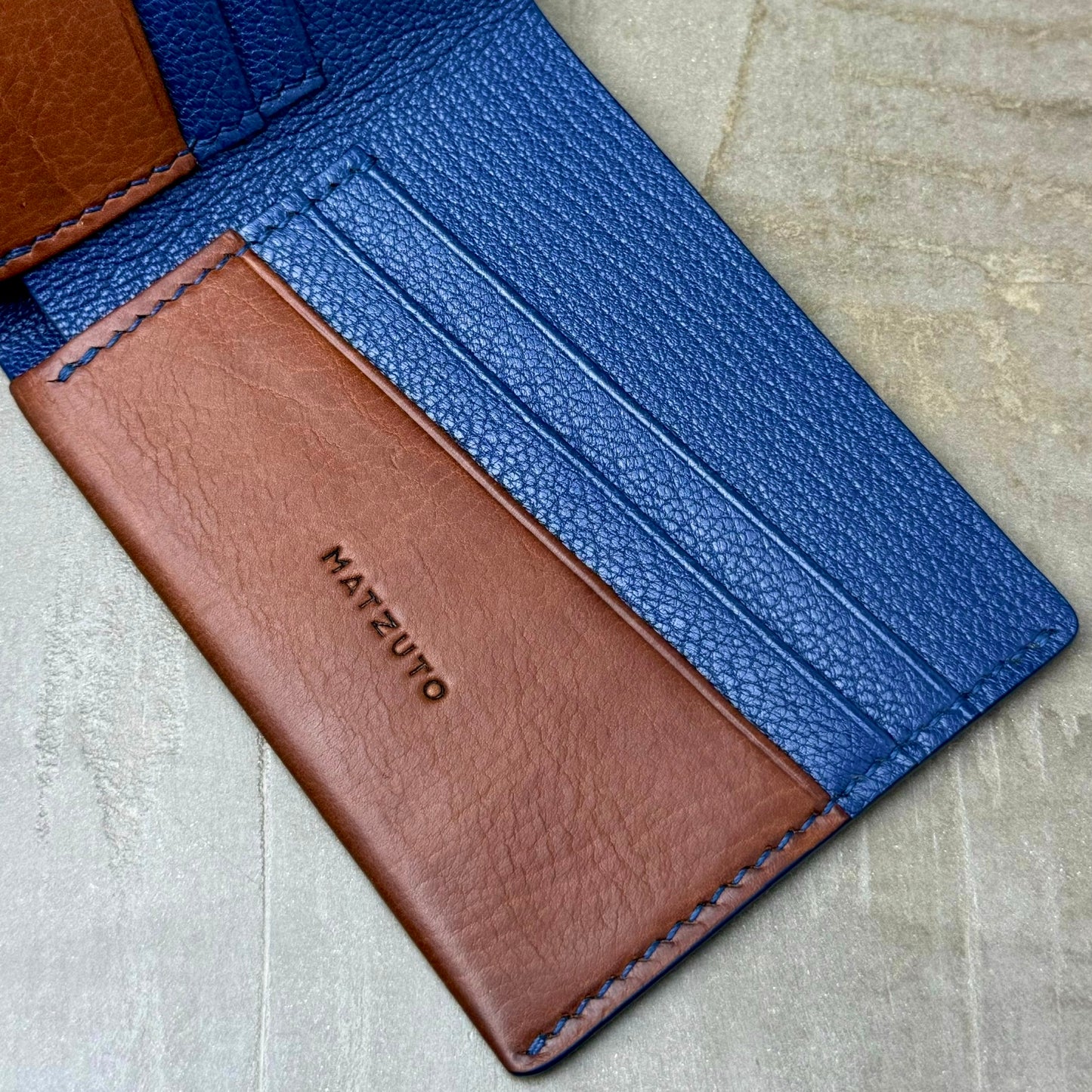 Saddle Brown Calfskin and Navy Chèvre Bifold